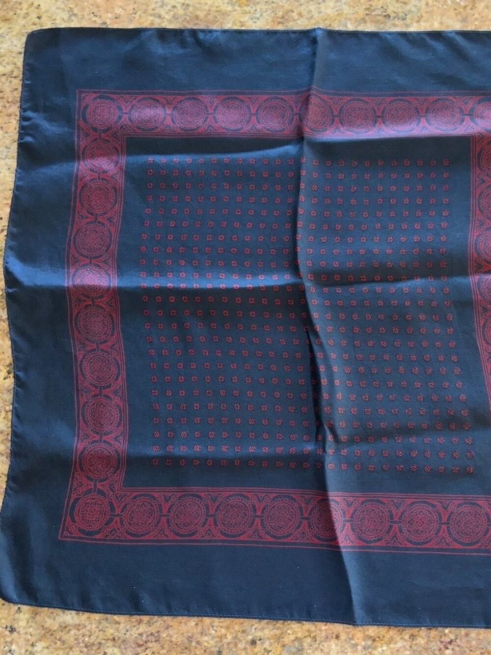 Vintage Hand Block Printed Navy and Red Silk Pocket Square Made in England